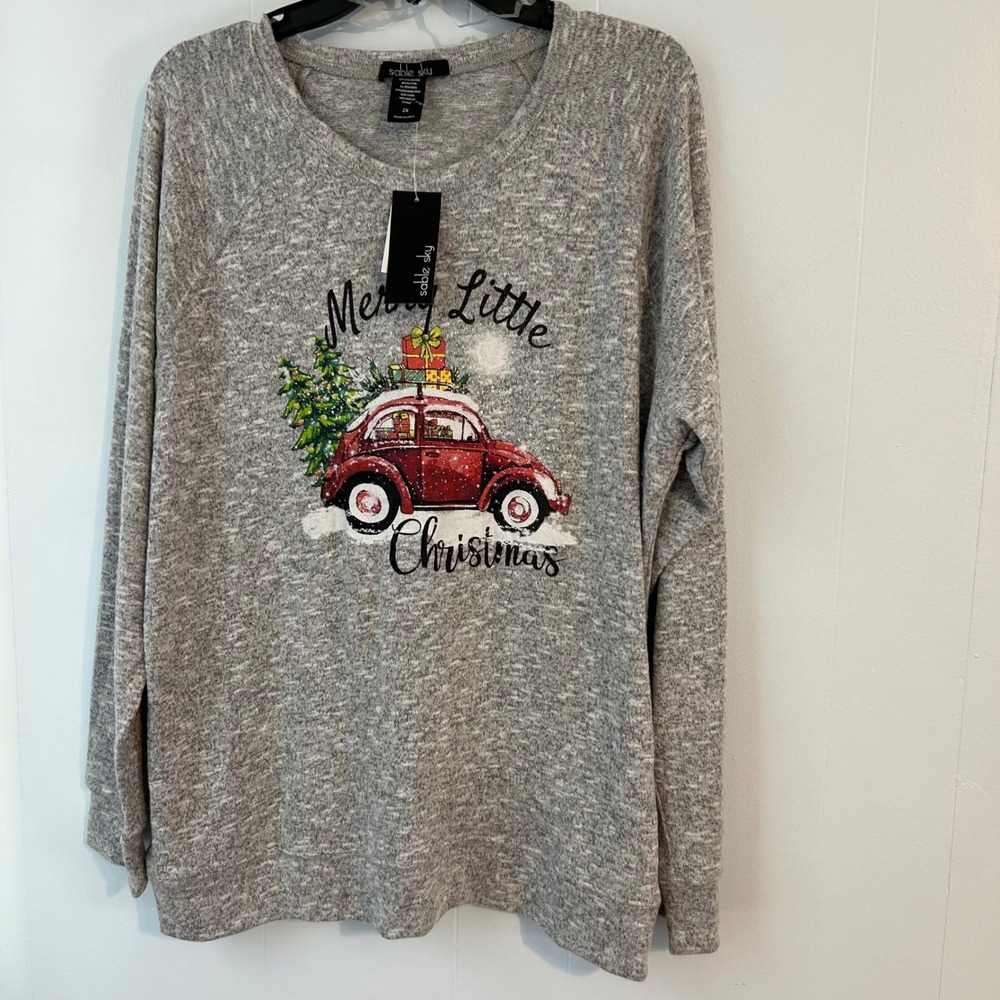 Sable Sky Gray Heathered Merry Little Christmas Red Beetle‎ Car Sweater 2X